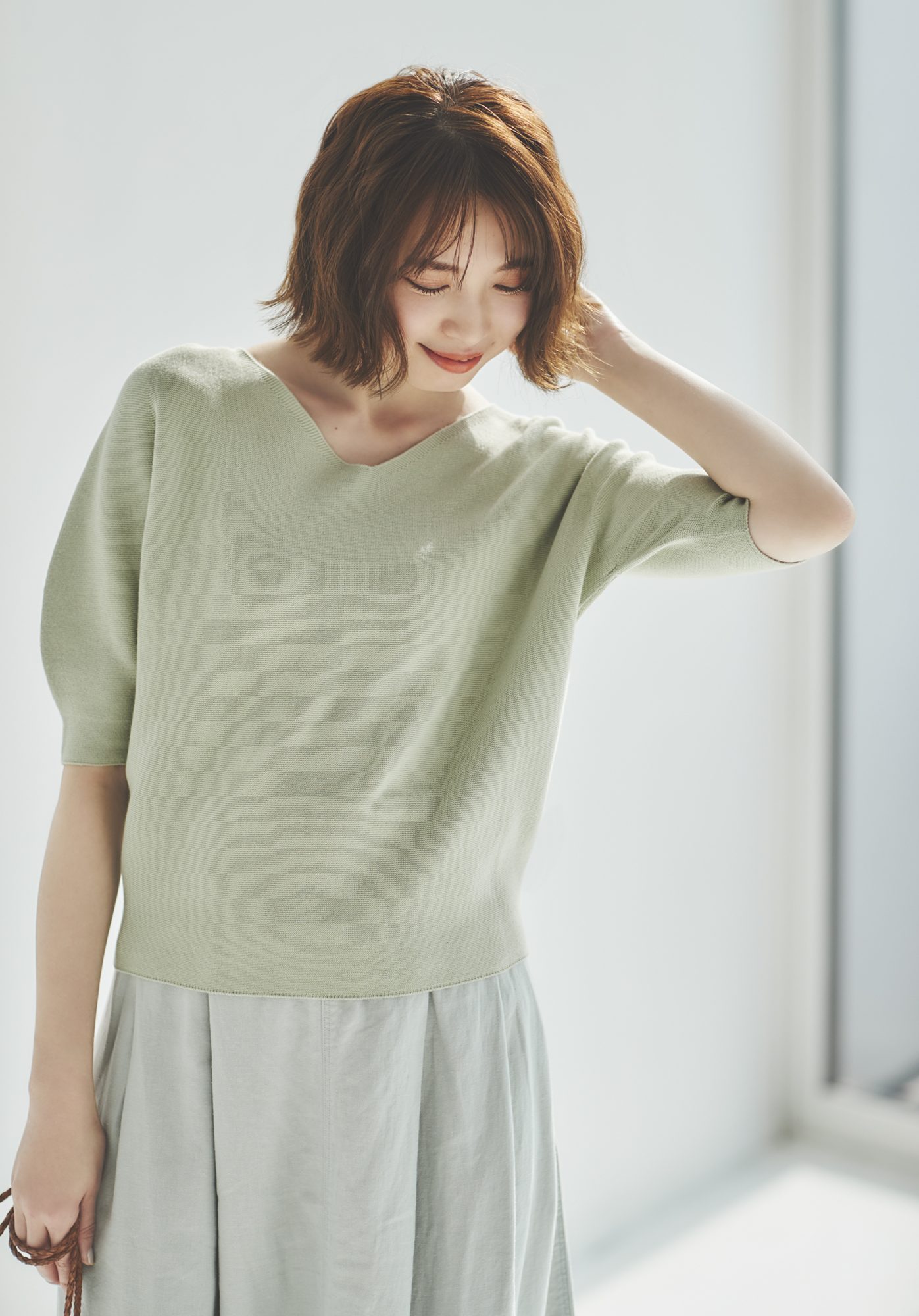 3D Cotton V Neck Puff Half Sleeve Sweater