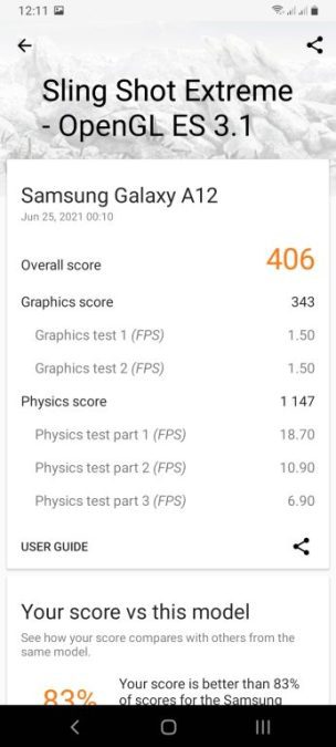 Samsung Galaxy A12 3DMark Sling Shot Extreme